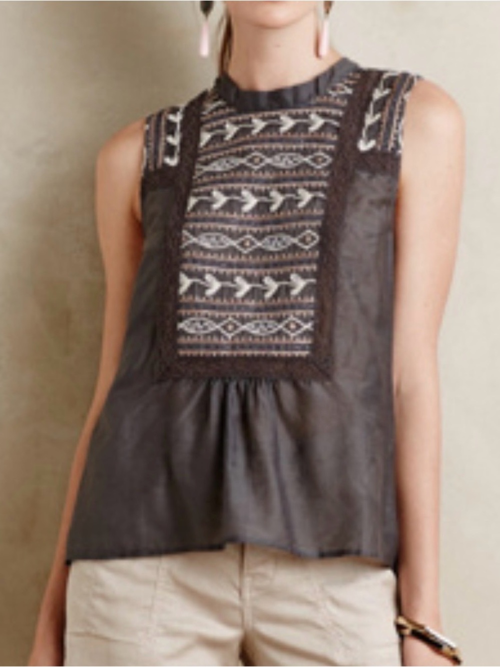 Sleeveless Embroidered Mock-Neck Tank Top - Dark Gray